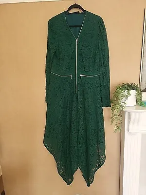 Asos Green Lace Zip Front High Low Hem Dress Size 18 • £22.50