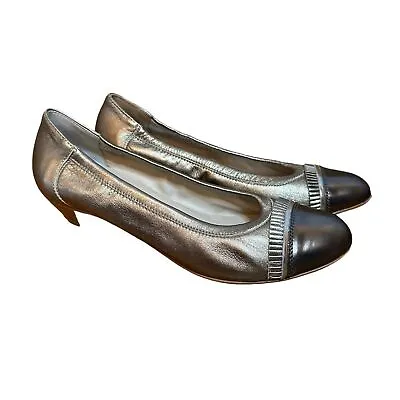 AGL Metallic Gold Italian Leather Cap Toe Kitten Heel Pumps Size 40 10 • $49.99