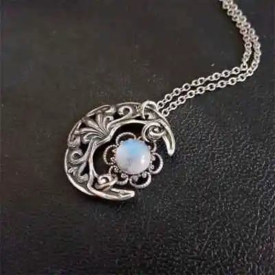 Celtic Hollow Moon Moonstone Silver Toned Pendant Necklace • $16.99