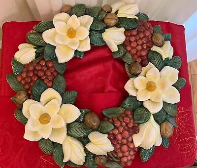 Handmade Ceramic Wreath With Magnolia Flowers & Grapes - Hangable • $12