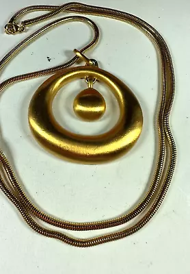 Vintage Necklace Monet Pendant Circle Round Brushed Gold Matte  34inches • $33.75