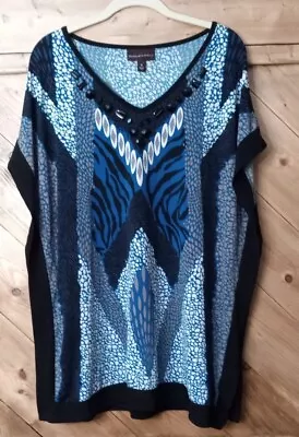 Dana Buchman Kaftan Style Dressy Top Beaded (M)Beautiful Blues/Black Multi Color • $15