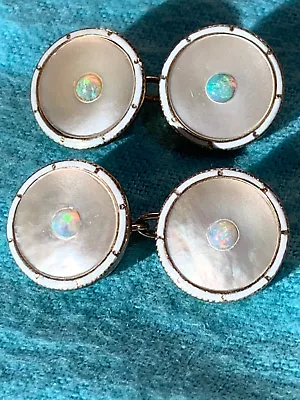 Antique Cufflinks Enamel Mother Of Pearl Opal 9k Gold American C.1910 • $450