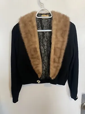 $34.99 • Buy Vintage Cashmere Black Cardigan Size Small Fur Neck Collar 40s 50s