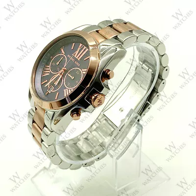 New Michael Kors MK5606 43mm Bradshaw Chronograph Silver Rose Gold Navy Watch • $89.80