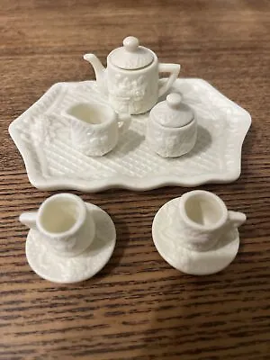 10 Piece Mini Tea Set W/Tray Rose & Lattice Design Original Box Off White Bisque • $25