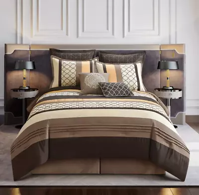 California King Bedspread Striped/Geometric 8-Piece Comforter Set King Brown • $151.97