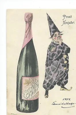 Postcard Artist CHAMPAGNE BOTTLE CLOWN  Flattering Cat  New Year • £10.23