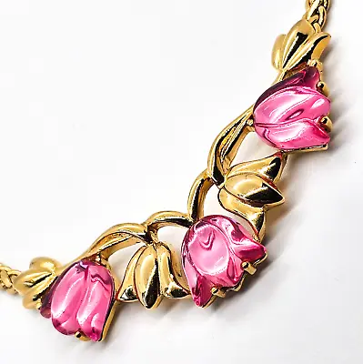 Trifari Gold Toned Pink Lucite Tulip Flower Signed Vintage Gold Toned Necklace • $125