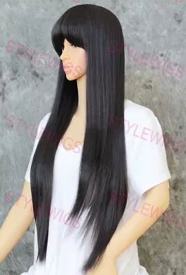 Darkest Brown Extra Long Layered Straight Heat Safe Human Hair Blend Wig EVAU 2 • $72.85