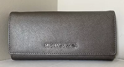 New Michael Kors Jet Set Travel Carryall Flap Wallet Leather Nickel • $79.90