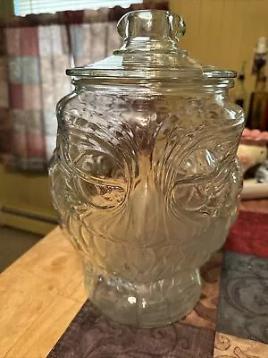 VTG Heavy Owl Cookie Clear Glass Jar 1970s 13”Hx7-1/2”W • $45