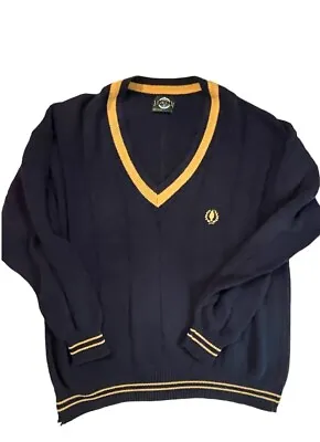 Vintage Jantzen Varsity Sweater Navy & Gold 80s Tennis Collegiate Pullover XL • $33