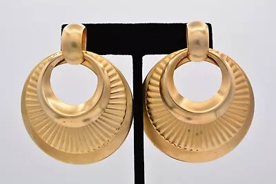 Vintage Dangle Earrings Chunky Gold Tone Metal Layered Ribbed Round 1980s BinAS • $21.56