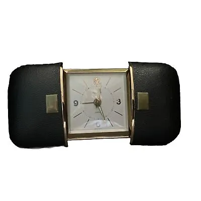 FLORN Open Close Black & Gold Tone  Travel Alarm Clock Germany WORKS VTG • $49.95