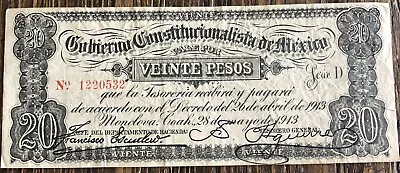 Veinte Pesos 1913 Gobierno Constitucionalista De Mexico Unc Series D • $9.99