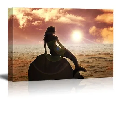 Canvas Prints Wall Art - A Mermaid Sitting On The Rock During Sunset - 16  X 24  • $32.99