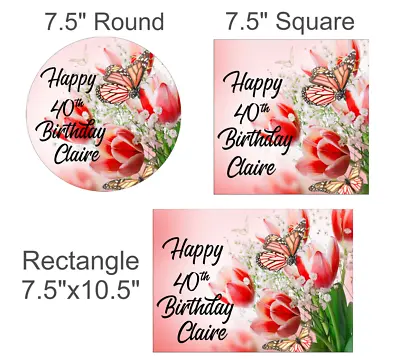 Tulips And Butterfly Personalised Edible Icing Cake Topper A4 Sugar Sheet  • £5.99