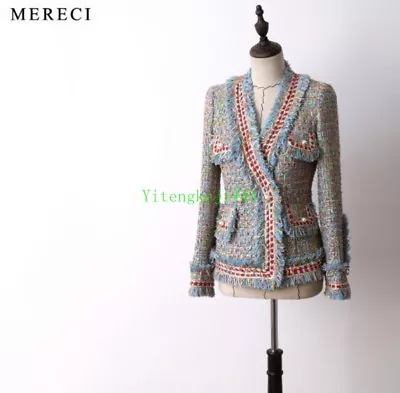 $148.99 • Buy Occident Metallic Gold Blue Tweed Jacket Short Wool Coat Spring Autumn Women New