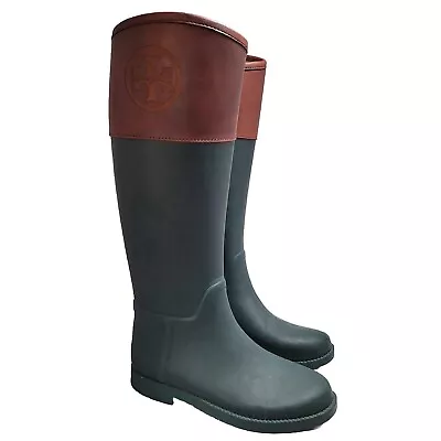 Tory Burch Rain Boots Womens 6B Green Brown Semi Shine Veg Leather Classic • $49.97