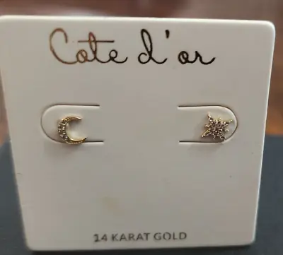 Cote D' OR 14 Karat Yellow Gold Pave Studs Earrings Moon And Star Zirconia NEW • $49