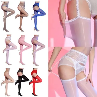 US Lady Lace Pantyhose With Garter Suspender Open Crotch Glossy Tights Stockings • $7.35