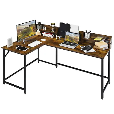 L-Shaped Computer Desk Study Writing Workstation W/ Bookshelf Hutch Corner Desk • $135.95