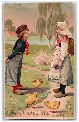 Easter Girl Boy Talking Chicks Pansies Flowers Embossed Vineland NJ Postcard • $9.72