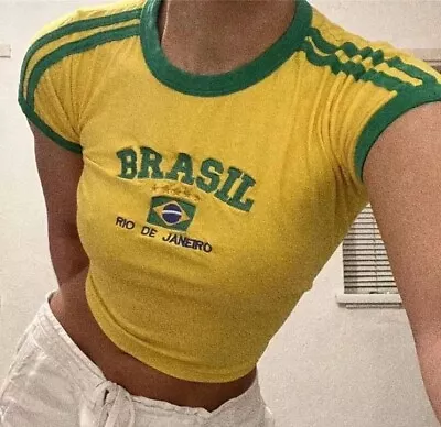 Brasil Yellow Crop Top Y2K Retro Vintage Slogan 90s Style T Shirt Brazil Clothes • £13.99