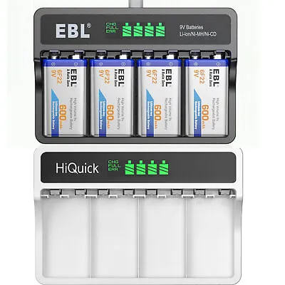 EBL 9V Rechargeable Lithium Batteries &Charger  For Smoke Alarm Detector Guitar • £13.99