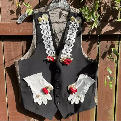 Vintage Ugly Wedding Vest Large Black With White Lace Trim Large One Of A Kind • $35