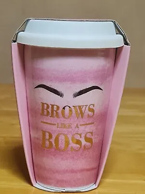 £14.99 • Buy Travel Cup Ceramic Mug Brows Like A Boss Double Walled 250ml + Lid Pink/Gold Cup
