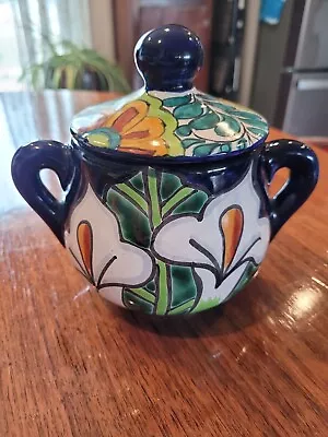 Talavera Sugar Bowl Bean Pot Bowl Blue Hand Painted Red Clay Lillies • $12.99