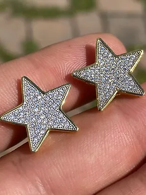 Large Real 925 Silver 14k Gold Plated Iced Star CZ Hip Hop Earrings Studs • $34.36
