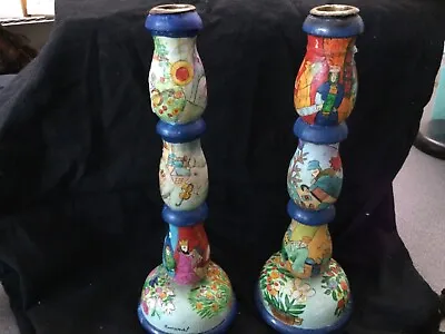 YAIR EMANUEL Handpainted Wooden Candlesticks Shabbat Israel • $34