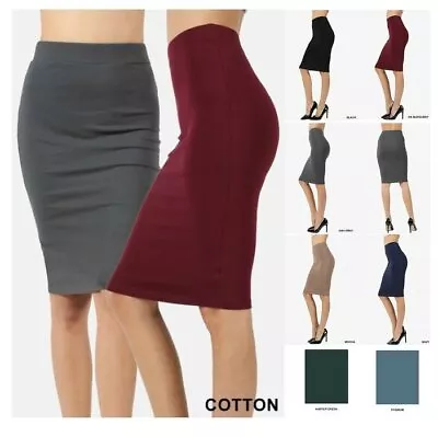 High Waisted Womens Pencil Office Skirt Cotton Stretch Knee Length REG PLUS S-3X • $7.96