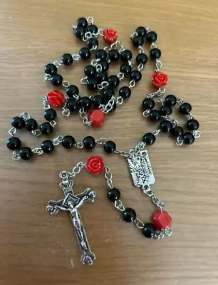 Black Glass And Red  Resin Rose Rosary Necklace On Silvertone Chain Lourdes • £5.95