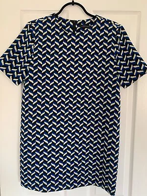 Zara Ladies Short Sleeve Tunic Top M Blue/cream/black. Round Neck Back Zip • £5.06