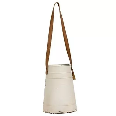 New Farmhouse AGED WHITE METAL WALL BASKET LEATHER STRAP Hanging Bucket • $24.99