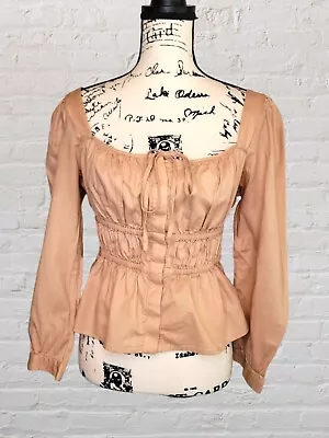J. CREW Women 10 Beige Herringbone Cotton Cinched Waist Puff Sleeve Top Girly • $24