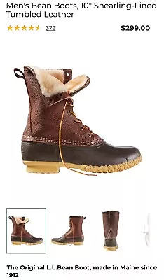 Men’s L. L. Bean Boots 10” Shearling-Lined Tumbled Leather Size 12 D • $250