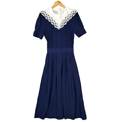 VTG  80's Karin Stevens Dress Womens Navy Sz 10 Victorian Lace Collar Prairie • $34.95