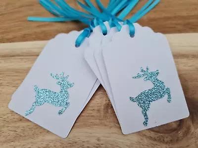 Christmas Gift Tags White/Glitter Blue Stag Xmas/Bottle/Bag/Secret Santa 12no • £3.20