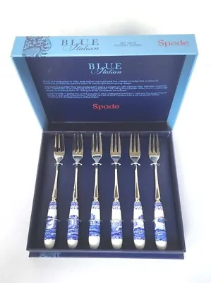 Spode Blue Italian Stainless Steel Pastry Forks Porcelain Handles - Set Of 6 • $25