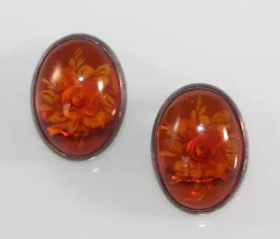 Vintage Deco Roses Carved Amber Earrings Sterling Silver Poland Clip On • $49.99