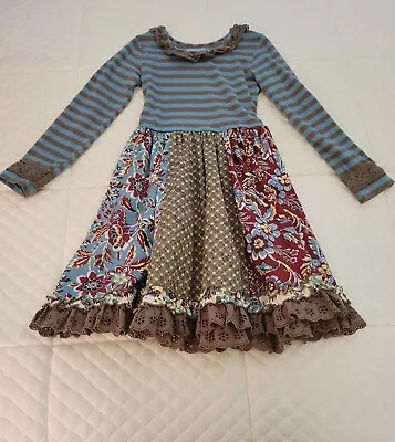 Mustard Pie Girl's Mixed Print And Lace Long-sleeve Apron Dress - Size 6 • $9.99