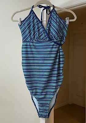 Motherhood Maternity Swimsuit One Piece Navy Aqua Striped Soft Cup Beach Large • $7.87