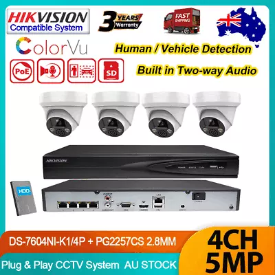 Hikvision 4CH 4POE CCTV System ColorVu Two-way Audio 5MP Turret IP Camera Kit • $215