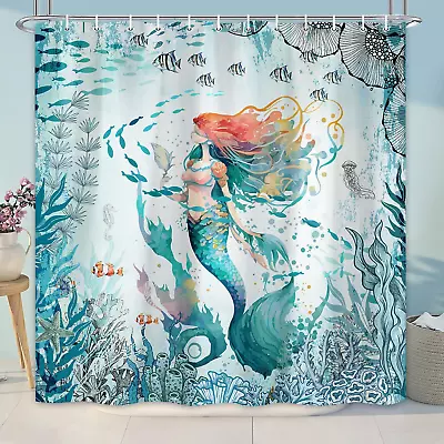 Mermaid Shower Curtain For Kids Green Teal Beach Shower Curtain Set For Bathroo • $24.90