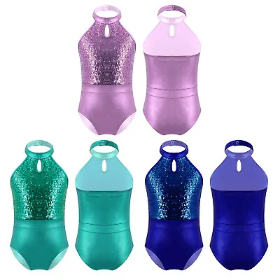 UK Kid Girl Halter Neck Gymnastics Leotard Sparkle Sequins Ballet Dance Leotards • £4.16